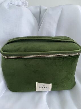 Sezane Olive Green Velvet Zip Vanity Case with Gold Hardware